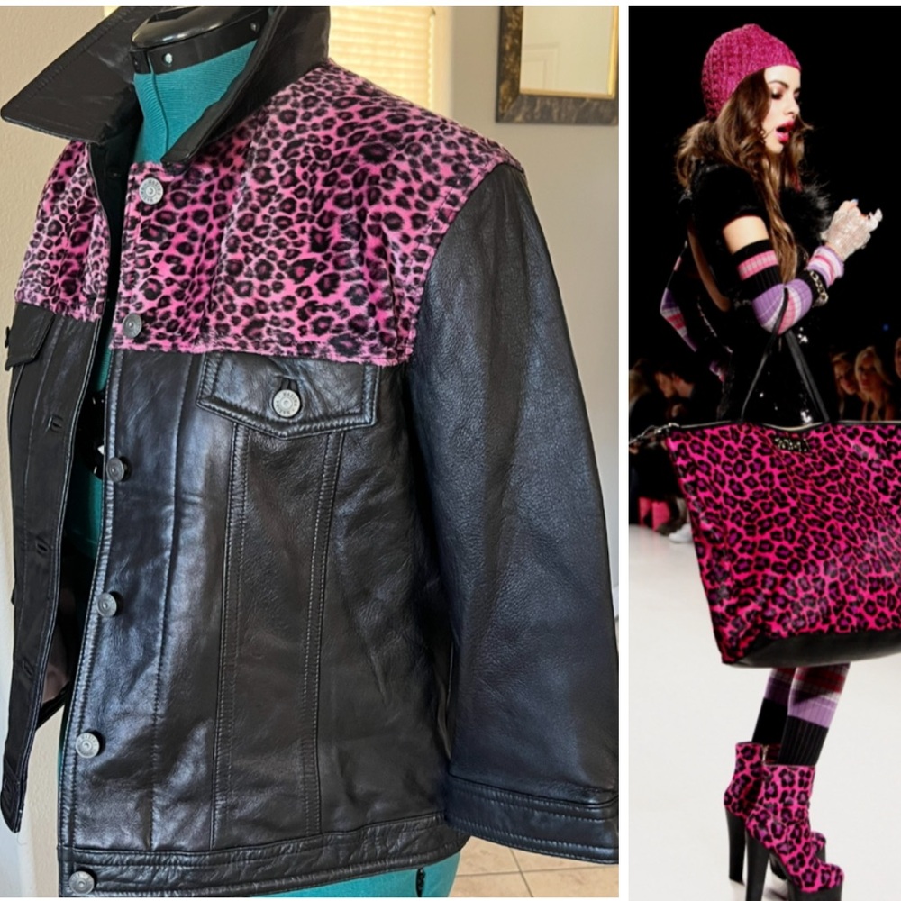 Vintage Wilson’s Black Pink Leopard Leather Jacket L XL